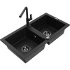 Mexen Mario, 2-komorový granitový drez 820x436x161 mm a drezová batéria Flora, čierna, 6504-77-670401-70-B