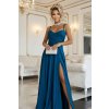 Numoco Dlhé večerné maxi šaty na ramienkach s rozparkom 646-1 Farba: Morská, Veľkosť: UNI