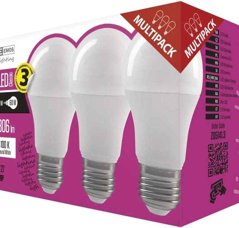 Emos LED žiarovka Classic A60 E27 9W neutrálna biela 3ks