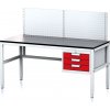 Alfa 3 Nastaviteľný dielenský stôl MECHANIC II s perfopanelom, 3 zásuvkový box na náradie, 1600x700x745-985 mm, sivá/červená