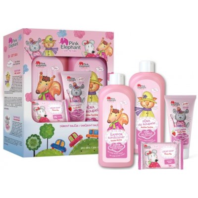 Pink Elephant Girls Mouse Mia krémové mydlo pre deti 90 g + Squirrel šampón a kondicionér 2 v1 pre deti 500 ml + Kitty pena do kúpeľa pre deti 500 ml + zubná pasta pre deti 50 ml
