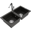Mexen Mario, 2-komorový granitový drez 820x436x161 mm a drezová batéria Flora, čierna-zlatá metalíza, 6504-75-670401-07