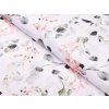 Bavlnená látka/plátno Sandra SA-288 Eukalyptus s ružovými kvetmi na bielom - šírka 160 cm