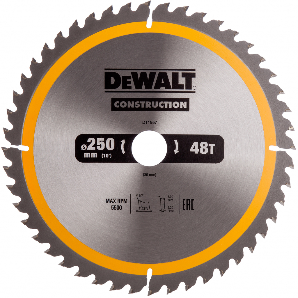 DeWALT DT1957 Pilový kotouč pro stacionární kotoučové pily 250x30mm 48zubů, ATB 10°, univerzální řez