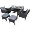 Garden Line SÚPRAVA RATTANOVÉHO NÁBYTKU (SOFA, 2 STOLIČKY, 2 TABURETKY, STOLÍK) - ČIERNA, VANKÚŠE - SIVÁ *7541