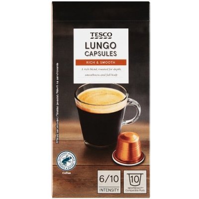 Tesco Lungo zmes praženej mletej kávy kapsule 10 ks 52 g