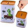LEAN TOYS Kovová pokladnička – Dinosaurus v aute, biela