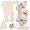 Baby Nellys Rastúci rebrovaný overálek, čiapočka a topánočky, 3D, Nature sv. béžová