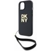 Zania kryt DKNY PU Leather Stack Logo Wrist Strap pre Apple iPhone 15, čierna