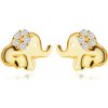 Šperky eshop - Náušnice v žltom 14K zlate - sediaci sloník s chobotom, ucho zdobené okrúhlymi zirkónmi S1GG233.21