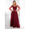 Numoco LORETTA unikátne dlhé šaty s tylovými rukávmi a výstrihom - vínové 640-1 Farba: Bordó, Veľkosť: XL