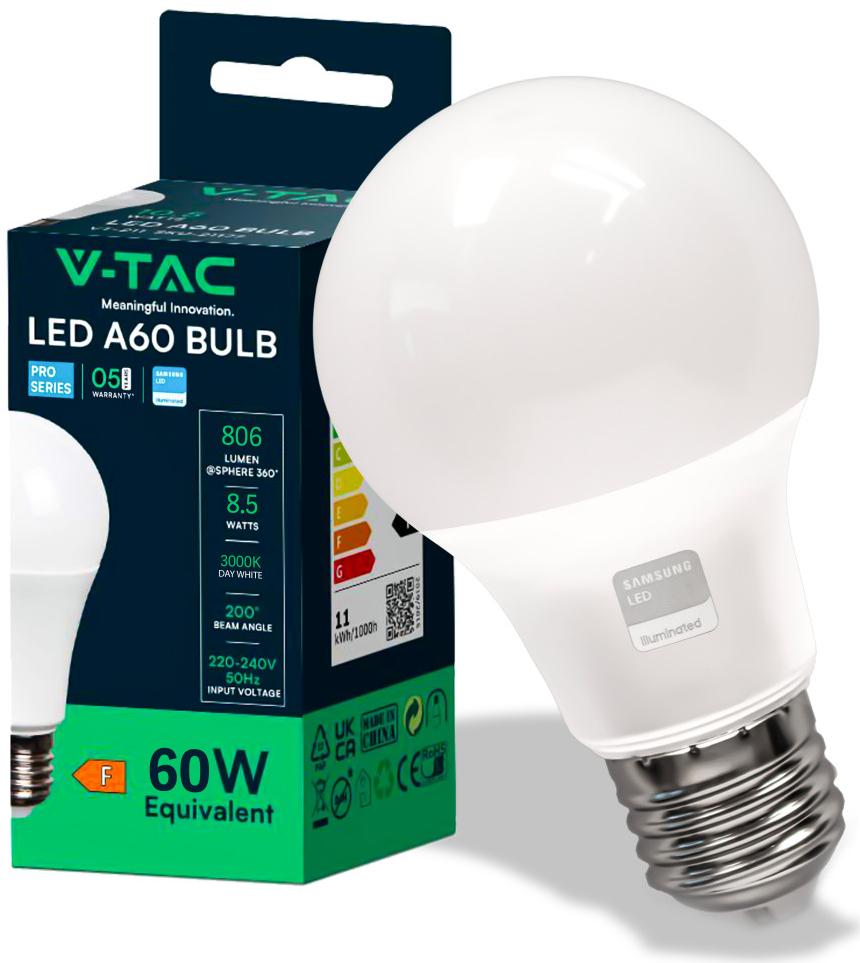 V-TAC E27 LED žiarovka 8,5W, 806lm, SAMSUNG chip, A60 Teplá biela