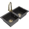 Mexen Mario, 2-komorový granitový drez 820x436x161 mm a drezová batéria Elia, čierna škvrnitá, 6504-76-670101-50