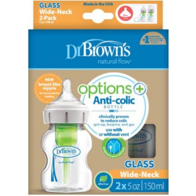 Dr. Brown’s dojčenská fľaša Options+ Duopack Wide neck anti colic sklenená biela 1x2ks 2 x 150 ml