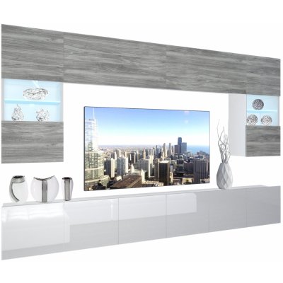 Obývacia stena Belini Premium Full Version šedý antracit Glamour Wood biely lesk+ LED osvetlenie Nexum 3