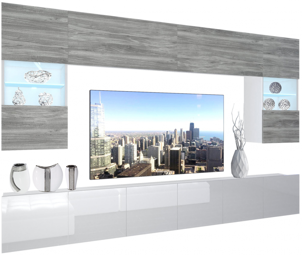 Obývacia stena Belini Premium Full Version šedý antracit Glamour Wood biely lesk+ LED osvetlenie Nexum 3