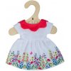 Bigjigs Toys Biele kvetinové šaty s červeným golierom pre bábiku 28 cm