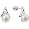 Strieborné náušnice kôstky trojuholník so zirkónmi a riečnou perlou bielej 21083.1B