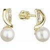 Zlaté 14 karátové náušnice žlté zlato s bielou riečnou perlou a zirkónmi 91PZ00026