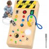 MONTESSORI SENZORICKÁ DREVENÁ HRAČKA BUSY BOARD 8 LED SPÍNAČOV