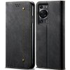 Peňaženkové kožené puzdro Denim Texture na Huawei P60 Pro - Čierna
