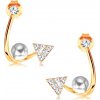 Šperky eshop - Zlaté náušnice 585 - lesklá zahnutá línia, ligotavý trojuholník, perla a zirkón GG117.07