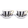 Artpol Elegantná sada 2 porcelánových šálok so zlatým lemom a podšálkami – čierno-biela pruhovaná