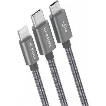 Romoss CB25N 3v1 USB-C / Lightning / Micro 3A USB, 1m, sivý