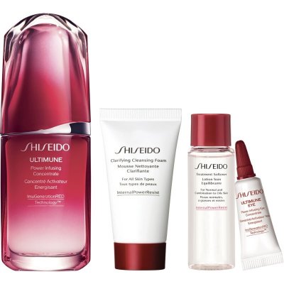 Shiseido Ultimune energizujúci a ochranný koncentrát na tvár 50 ml + čistiaca pena 30 ml + pleťová voda 30 ml + protivráskové sérum na očné okolie 3 ml