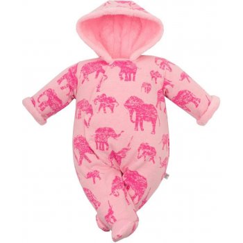 Baby Service Zateplená dojčenská kombinéza s kapucňou Slony ružová