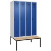 Šatňová skriňa C+P Cabo-Plus s lavicou, 4 oddelenia, 1200 x 500/815 x 2120 mm, sivá/modrá