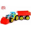 Teddies Traktor / nakladač / bager s vlekom s lyžicou plast na voľný chod 2 farby v sieťke 16x61x16cm