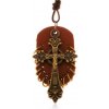 Šperky eshop - Kožený náhrdelník, prívesky - hnedý ovál s malými krúžkami a keltský kríž Z18.05