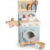Drevená práčovňa s práčkou s predným plnením Laundrette Tender Leaf Toys s drezom žehličkou a kôš na bielizeň výška 92 cm