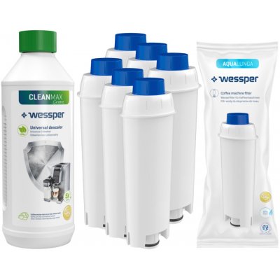 Wessper Set: 6x Wessper AquaLunga filtračná vložka pre kávovary DeLonghi (náhrada SER3017 DLS C002) + Wessper CleanMax 500ml odvápňovač