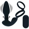 Dual Vibrating Remote Rotating Beads Silicone Prostate Stimulator with Cock and Ball Ring - Black