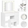 Kozmetický toaletný stolík so zrkadlom a LED osvetlením, 4 zásuvky, taburetka, ModernHome