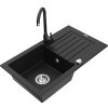 Mexen Pablo, 1-komorový granitový drez s odkvapkávačom 75x44 cm a kuchynskou batériou Telma, čierna, 6510-77-670200-70