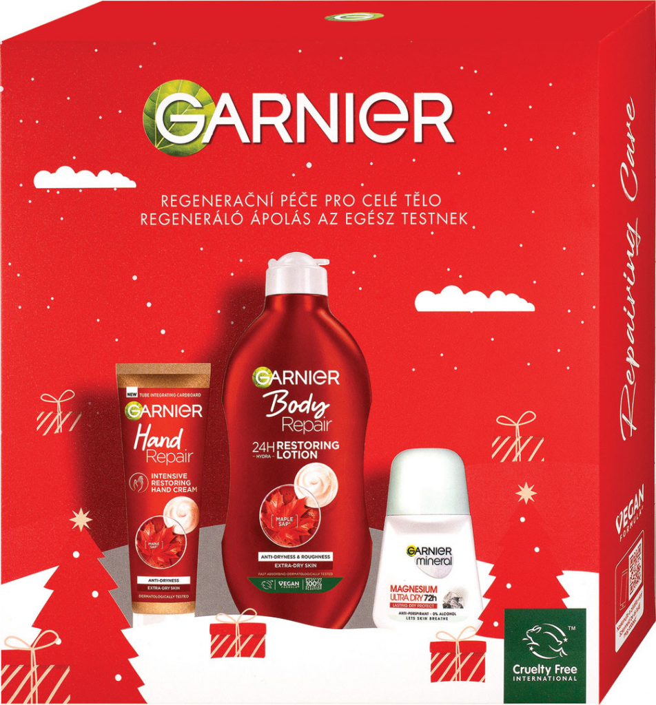 Garnier Body & Hand regeneračné telové mlieko pre veľmi suchú pokožku 400 ml + antiperspirant roll-on 50 ml + obnovujúci krém na ruky 75 ml