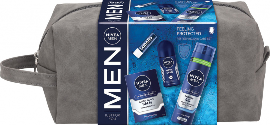 NIVEA Men Protect Roll-on 50 ml + gél na holenie 200 ml + balzam po holení 100 ml + balzam na pery 4,8 g + kozmetická taška Darčekové balenie