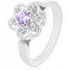 Šperky eshop - Prsteň striebornej farby, číry ligotavý kvietok so svetlofialovým stredom R29.31 - Veľkosť: 52 mm