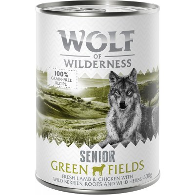 Výhodné balenie Wolf of Wilderness Senior 12 x 400 g - Green Fields - jahňacie & kuracie