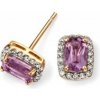 zlaté náušnice z 9 ct zlata zdobené ametystom a diamantom GE655M