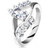 Šperky eshop - Prsteň striebornej farby, rozdvojené ramená, oválny zirkón, číre zirkónové línie G08.28 - Veľkosť: 60 mm