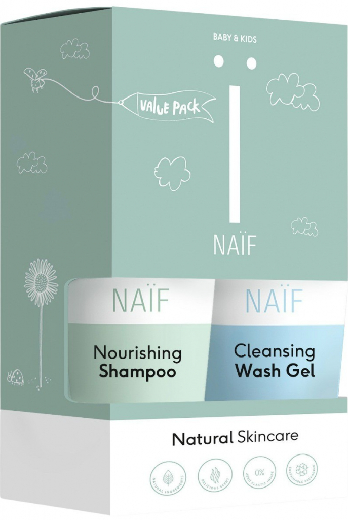 Naif Baby & Kids čistiaci a umývací gél pre deti a bábätká 200 ml + výživný šampón pre detskú pokožku hlavy 200 ml darčeková sada