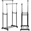Univerzálny dvojitý voľne stojaci vešiak na oblečenie s nastaviteľnou výškou, kolieskami, 2 koľajničkami