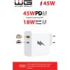 Sieťová nabíjačka WG 2xUSB, USB-C PD 45W + USB QC3,0 18W, biela