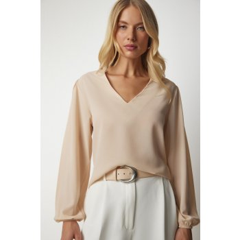 Happiness İstanbul Women's Beige V Neck Crepe Blouse