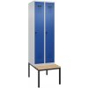 Šatňová skriňa C+P Cabo-Plus s lavicou, 2 oddelenia, 600 x 500/815 x 2120 mm, sivá/modrá