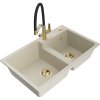 Mexen Tomas, 2-komorový granitový drez 800x500x190 mm a kuchynská batéria Duo, béžová, 6516-69-671701-57-G